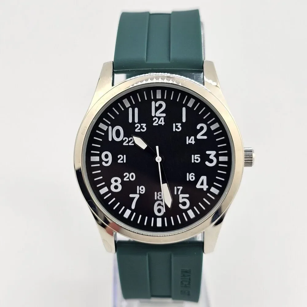 Men's Field Watch 42MM Gray Case Black Dial Dark‎ Green Plastic Band Straps